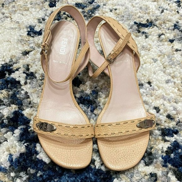 Fendi Women’s Size 38 1/2 US 8.5 Beige Tan Leather Stiletto Sandals Heels Strap - Picture 2 of 12